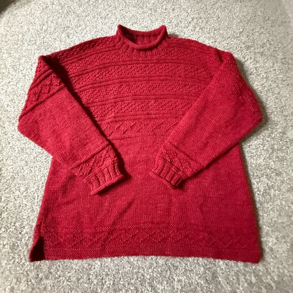 Guernsey Red ang Chunky Knit Red Roll Neck Sweater Inspired Cable & Texture Knit